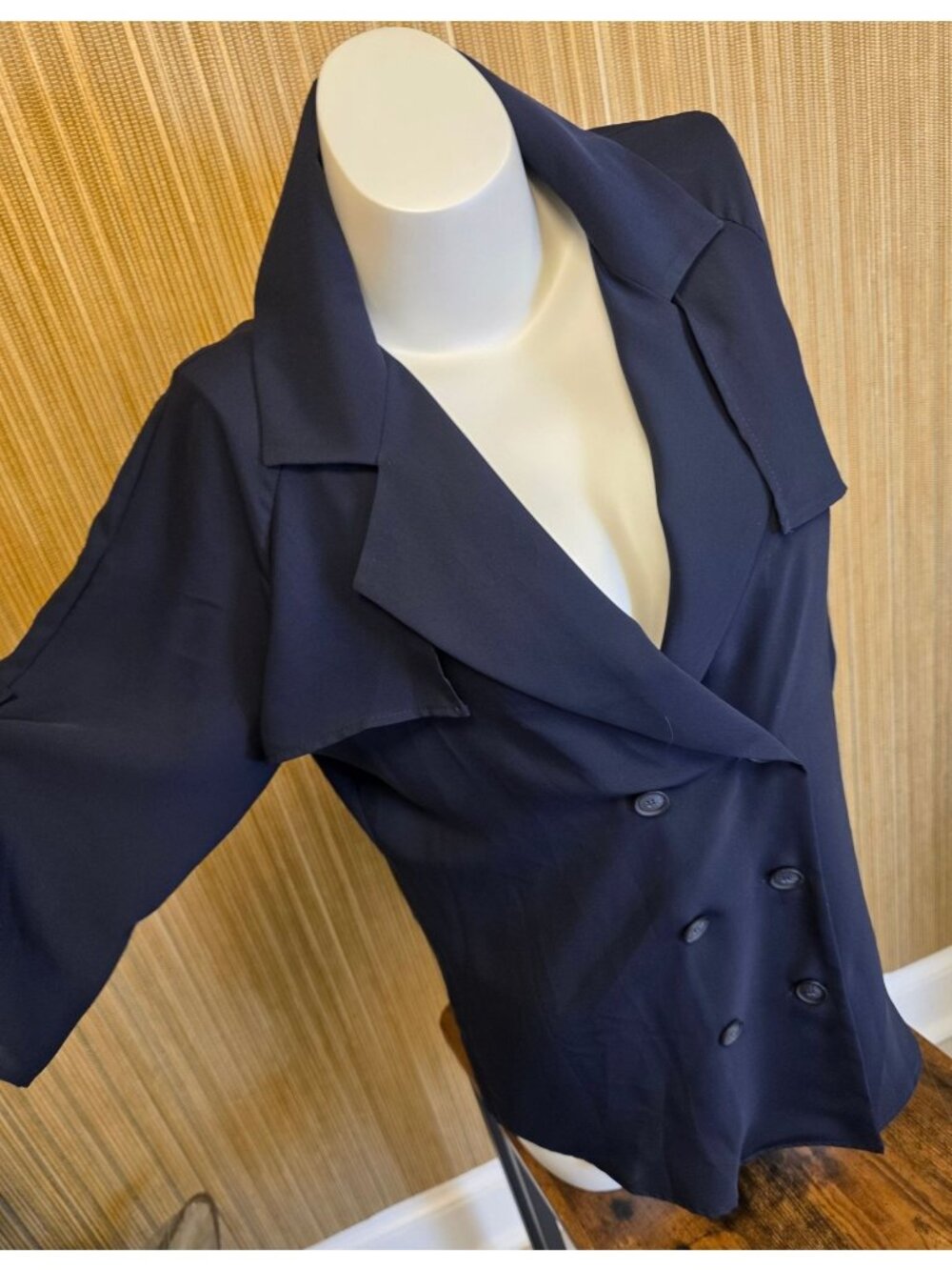 Pearl Double-Breasted Navy Blue Blouse Shirt Lapel Size M Classic Minimalist